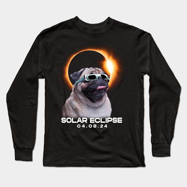 Solar Eclipse Pug Adventure: Chic Tee with Lovable Canine Companions Long Sleeve T-Shirt by GinkgoForestSpirit